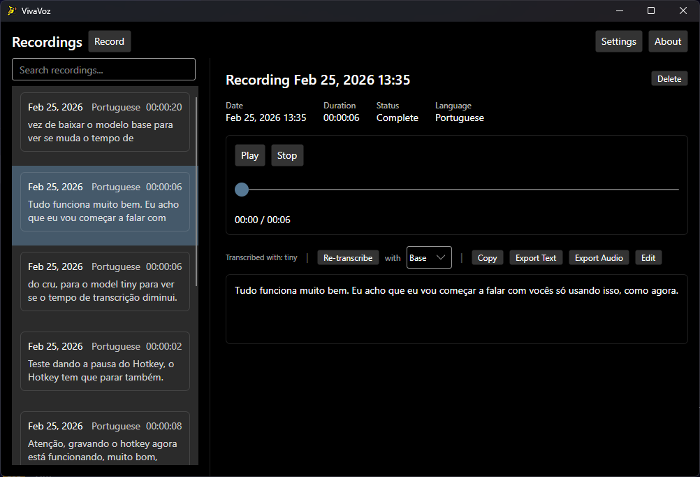 VivaVoz dark theme — recordings and transcription detail
