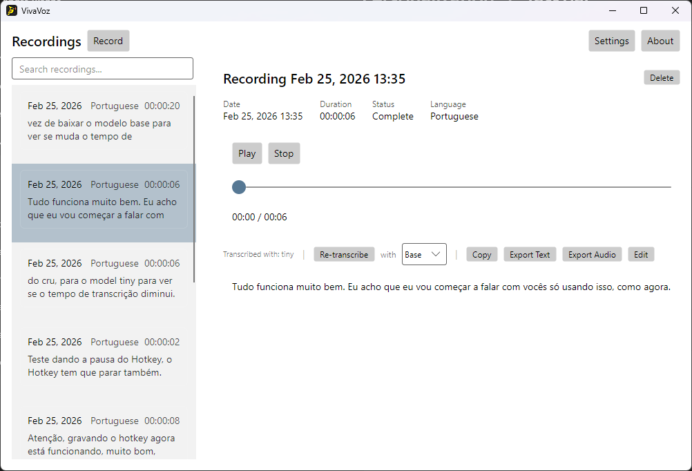 VivaVoz light theme — recordings and transcription detail