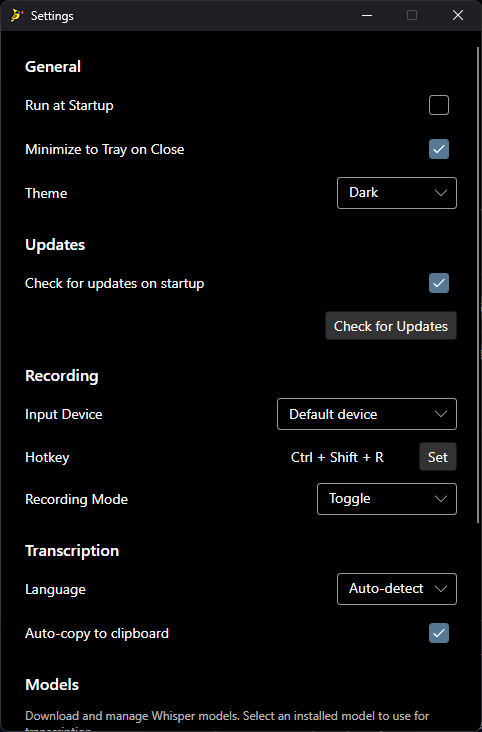 VivaVoz settings — general, recording, transcription