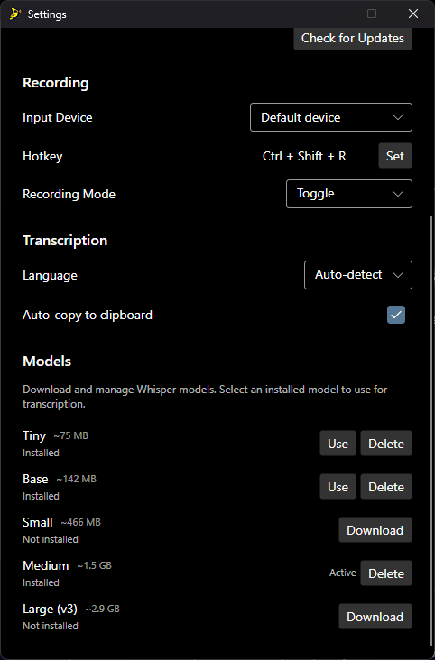 VivaVoz settings — Whisper models